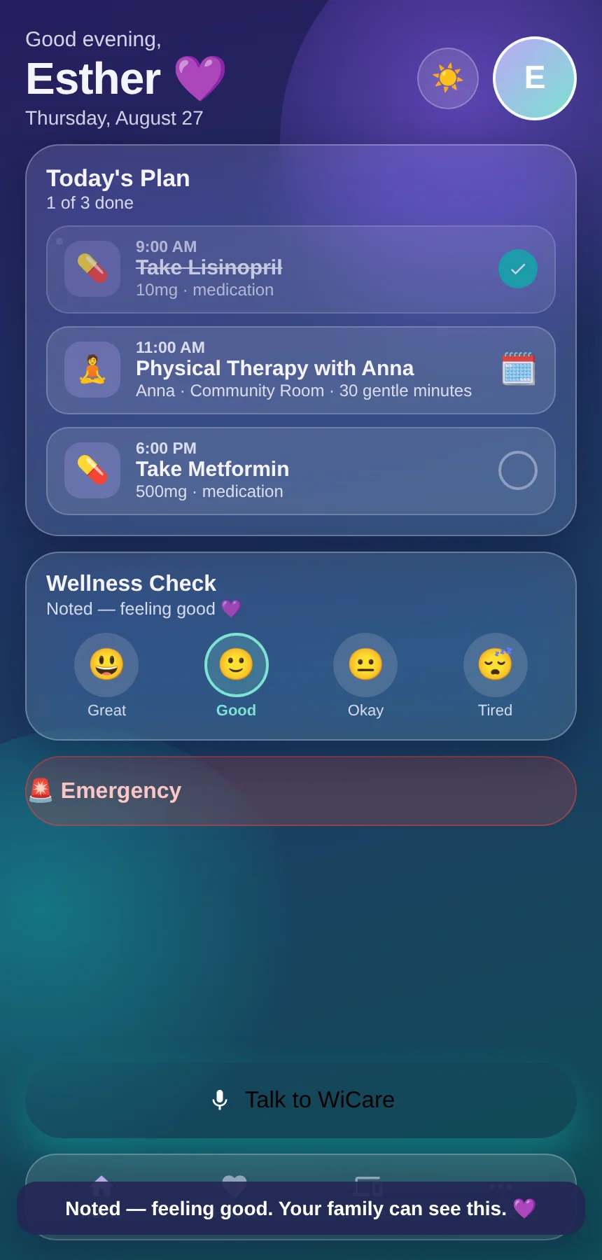 WiCare on a phone, showing today's plan in large, calm type.